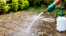 Behandelde bestrating spoelen met water, met een productspuit ernaast